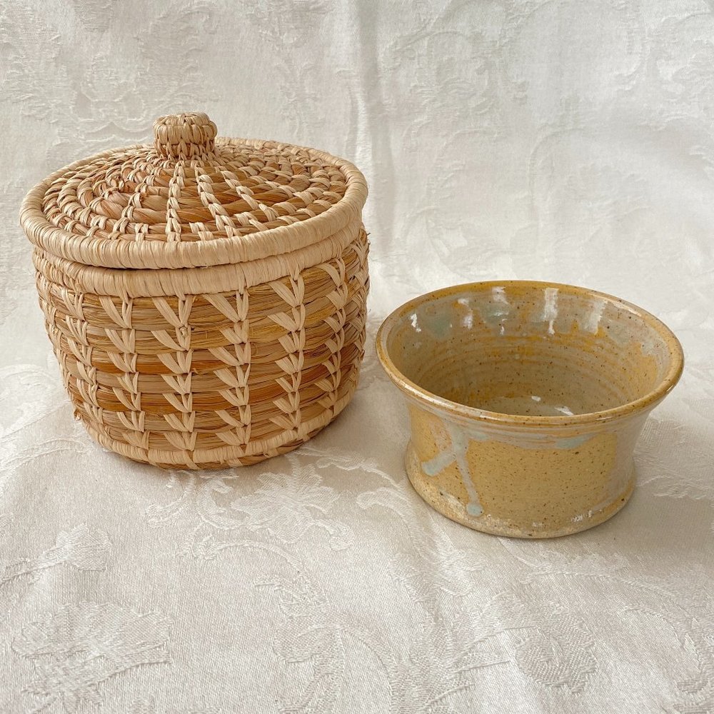Natural Woven Coaster Set with Lidded Basket & Studio Pottery Candle Holder - Picture 2 of 16